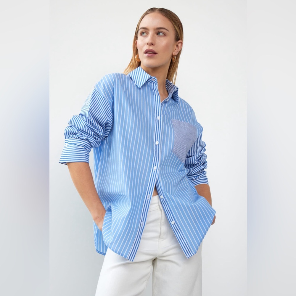 WB WithBlack 💙 Mixed Stripe Button Down Shirt in Blue & White Size M